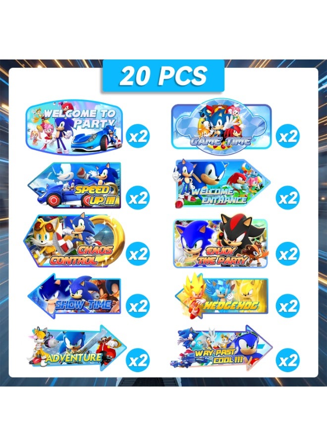 ILovhaprty Sonic Birthday Party Direction Signs Decorations, 20pcs Sonic Paper Road Sign Set with Stakes, Welcome & Game Theme Party Yard Signs for Kids Sonic Birthday Party Supplies - Image 3
